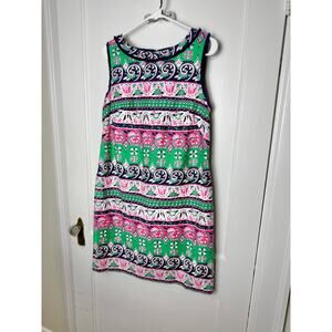 Talbots Dress Womens 10 Pink Green Sleeveless Shift Floral Fringe Classic Preppy